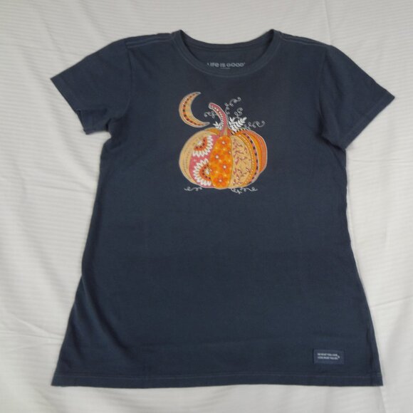 LIFE IS GOOD HARVEST PUNPKIN MOON BLUE XS X-SMALL WOMENS T-SHIRT L184 - Picture 3 of 6